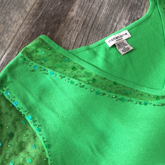 Notations Woman bright green embellished sequin mesh sleeve sweater top - Picture 6 of 10